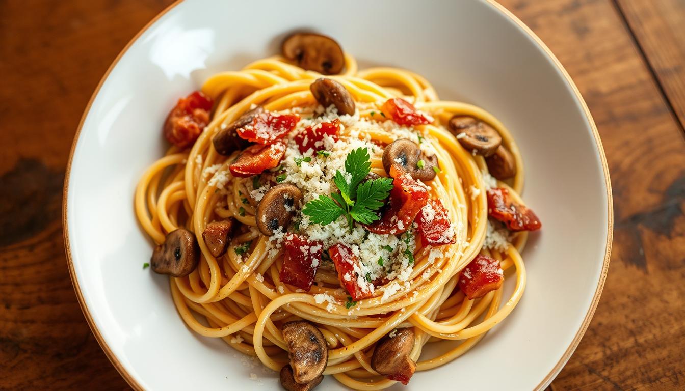 Pasta with mushrooms and bacon