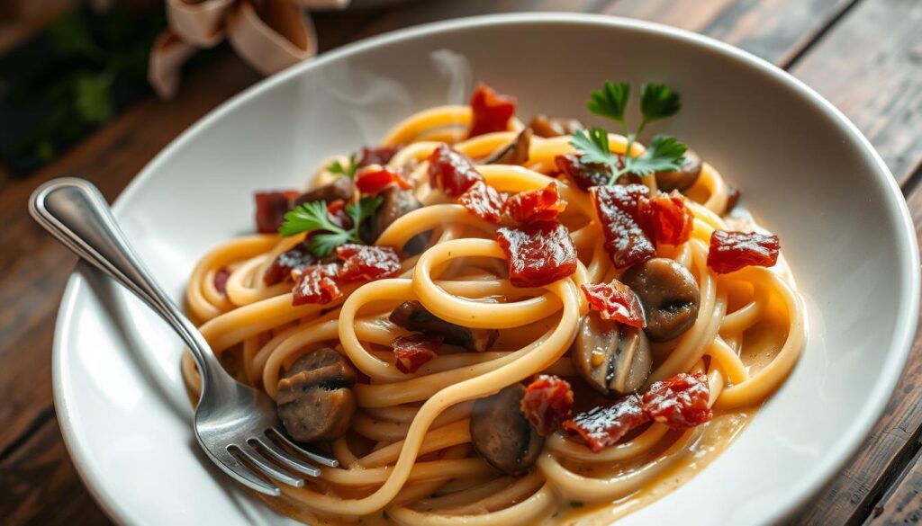 savory mushroom bacon pasta dish