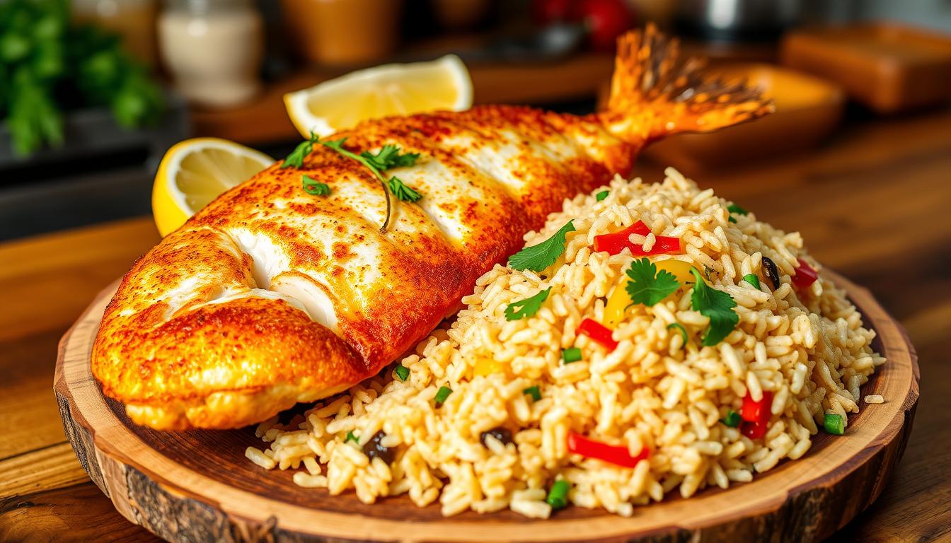 Fried hake served with savory rice