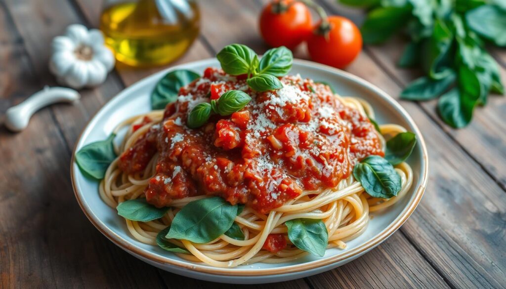 spaghetti with spinach and tomato sauce